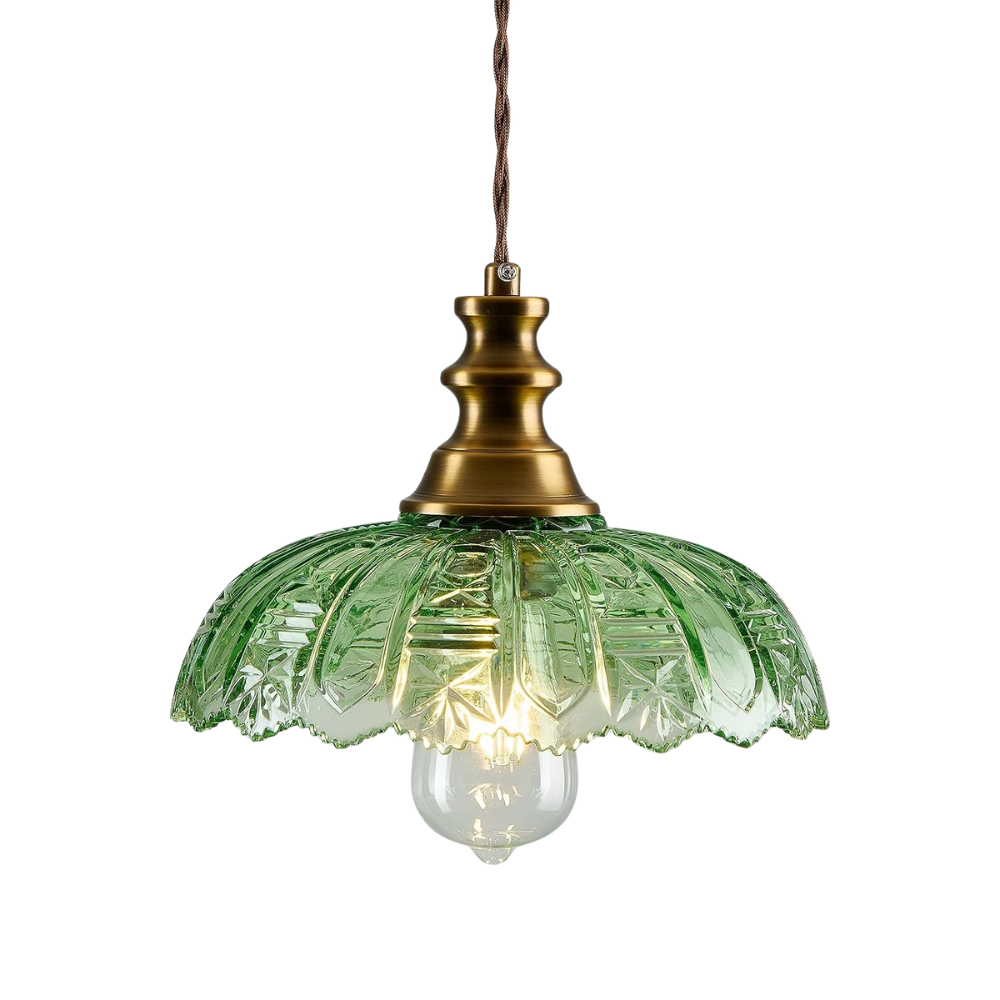 Brass Gold Pendant Light with Green Glass Shade
