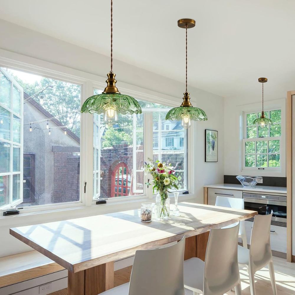 Brass Gold Pendant Light with Green Glass Shade