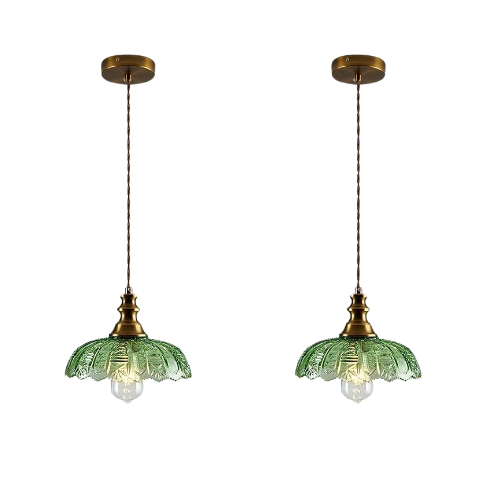 Brass Gold Pendant Light with Green Glass Shade