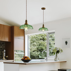 Brass Gold Pendant Light with Green Glass Shade