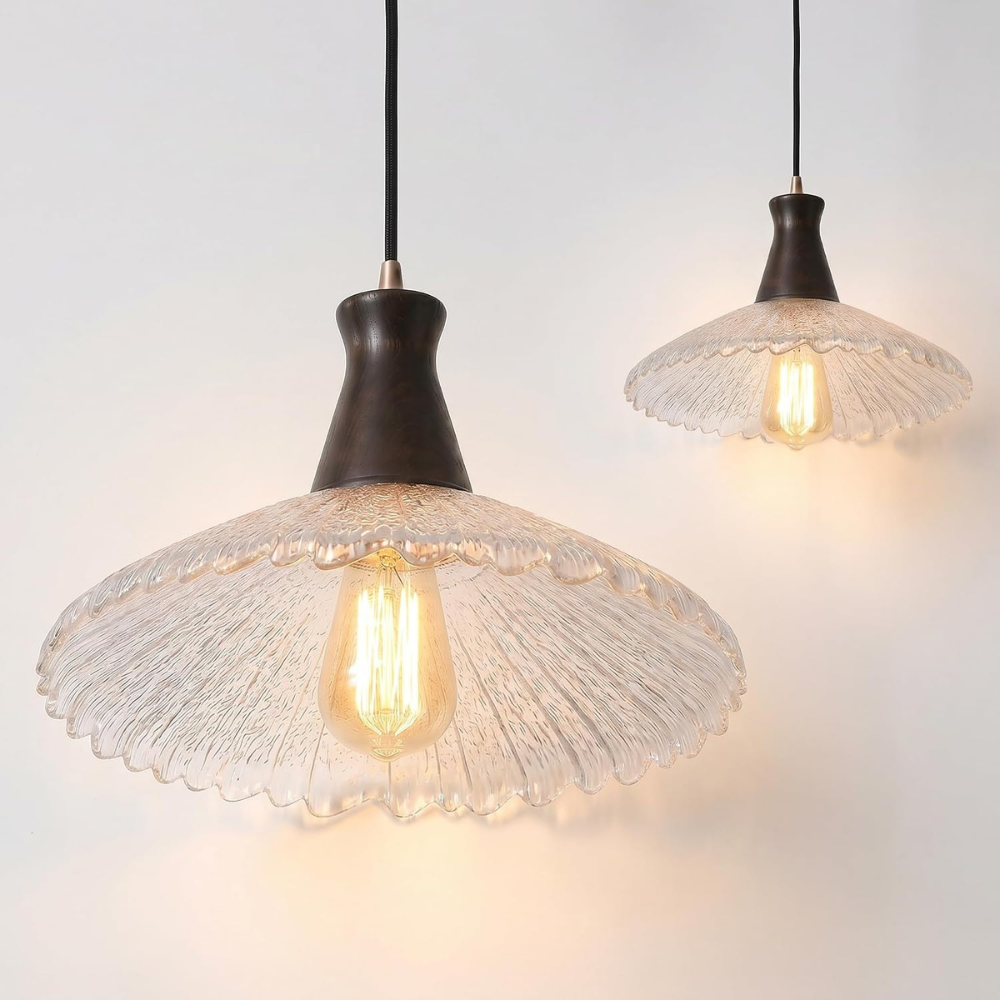Vintage Wood Pendant Light with Textured Glass Shade