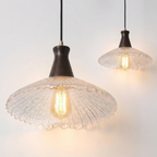 Vintage Wood Pendant Light with Textured Glass Shade