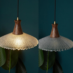 Vintage Wood Pendant Light with Textured Glass Shade