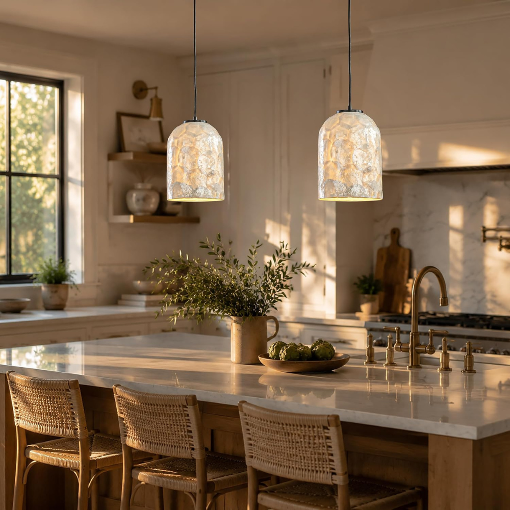 White Capiz Shell Hanging Light for Kitchen Island
